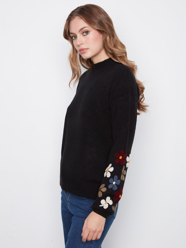 Mock Neck Sweater With Embroidered Flowers - Black