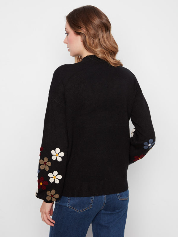 Mock Neck Sweater With Embroidered Flowers - Black
