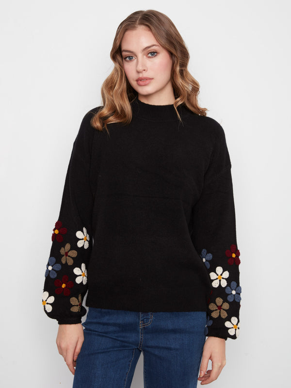 Mock Neck Sweater With Embroidered Flowers - Black