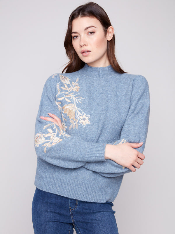 Mock Neck Sweater with Sequin Detail - Heather Denim