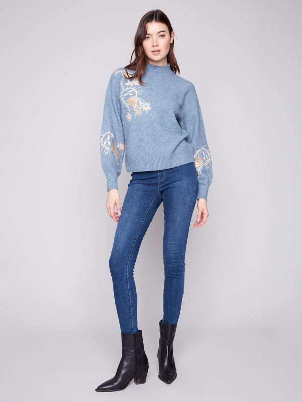 Mock Neck Sweater with Sequin Detail - Heather Denim