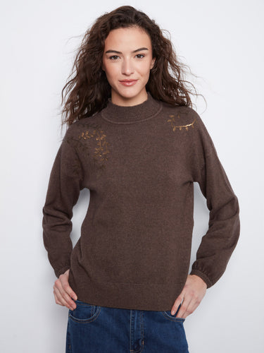 Heather-Coffee sweater featuring elegant long sleeves with sequin embroidery on shoulders by Charlie B.