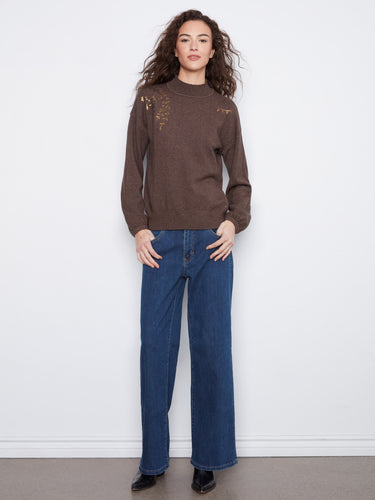Stylish heather-coffee sweater adorned with beautiful shoulder sequins and a refined mock neck by Charlie B.