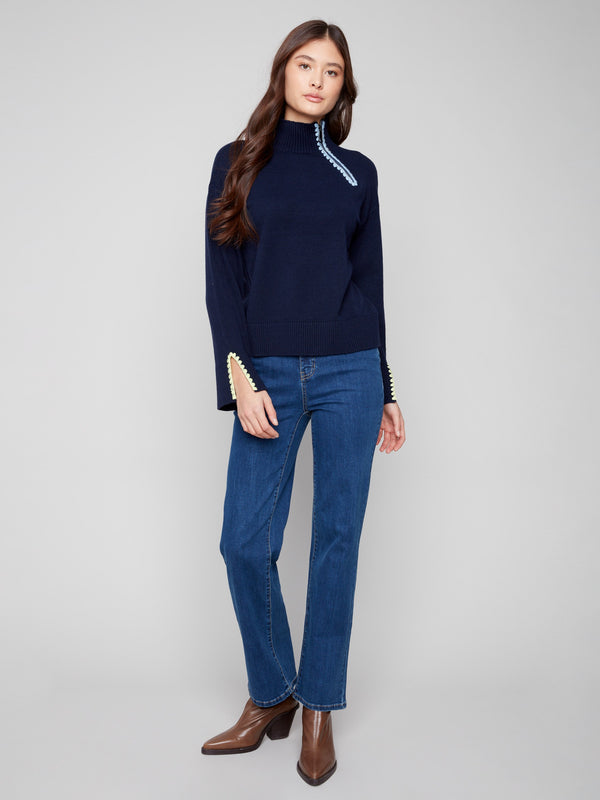 Chandail col montant avec fermeture éclair et détails crochetés - Marine