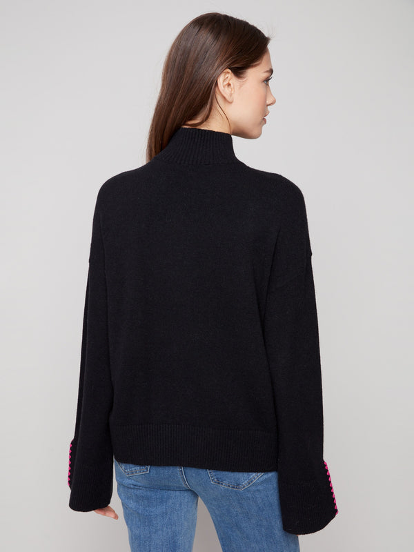 Mock Neck Sweater With Zipper & Crochet Details - Black