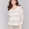 Striped sweater featuring a rounded V-neck, perfect for casual outings by Charlie B.