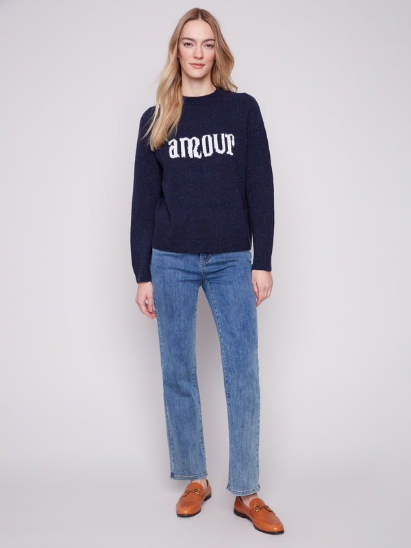 Heather navy sweater showcasing a chic mock neck and 'amour' design, ideal for casual wear by Charlie B.