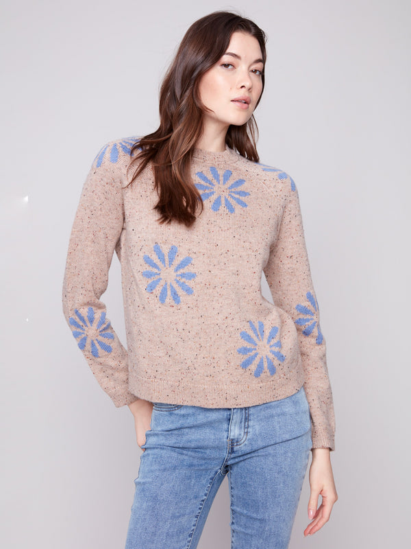 Heather nutmeg sweater featuring a crew neckline and striking blue floral accents for a casual look by Charlie B.