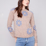 Heather nutmeg sweater featuring a crew neckline and striking blue floral accents for a casual look by Charlie B.