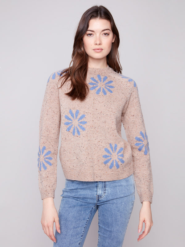 Chic heather nutmeg sweater adorned with bold blue florals and comfortable raglan sleeves for everyday wear by Charlie B.