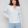 Denim-hued sweater with a notched neckline, crafted from soft eyelash yarn for a cozy feel by Charlie B.