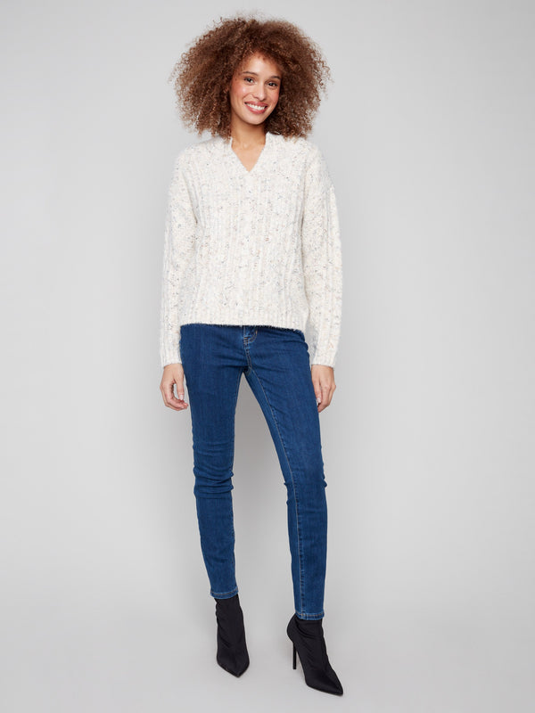 Notch Neck Cable Knit Sweater - Ecru