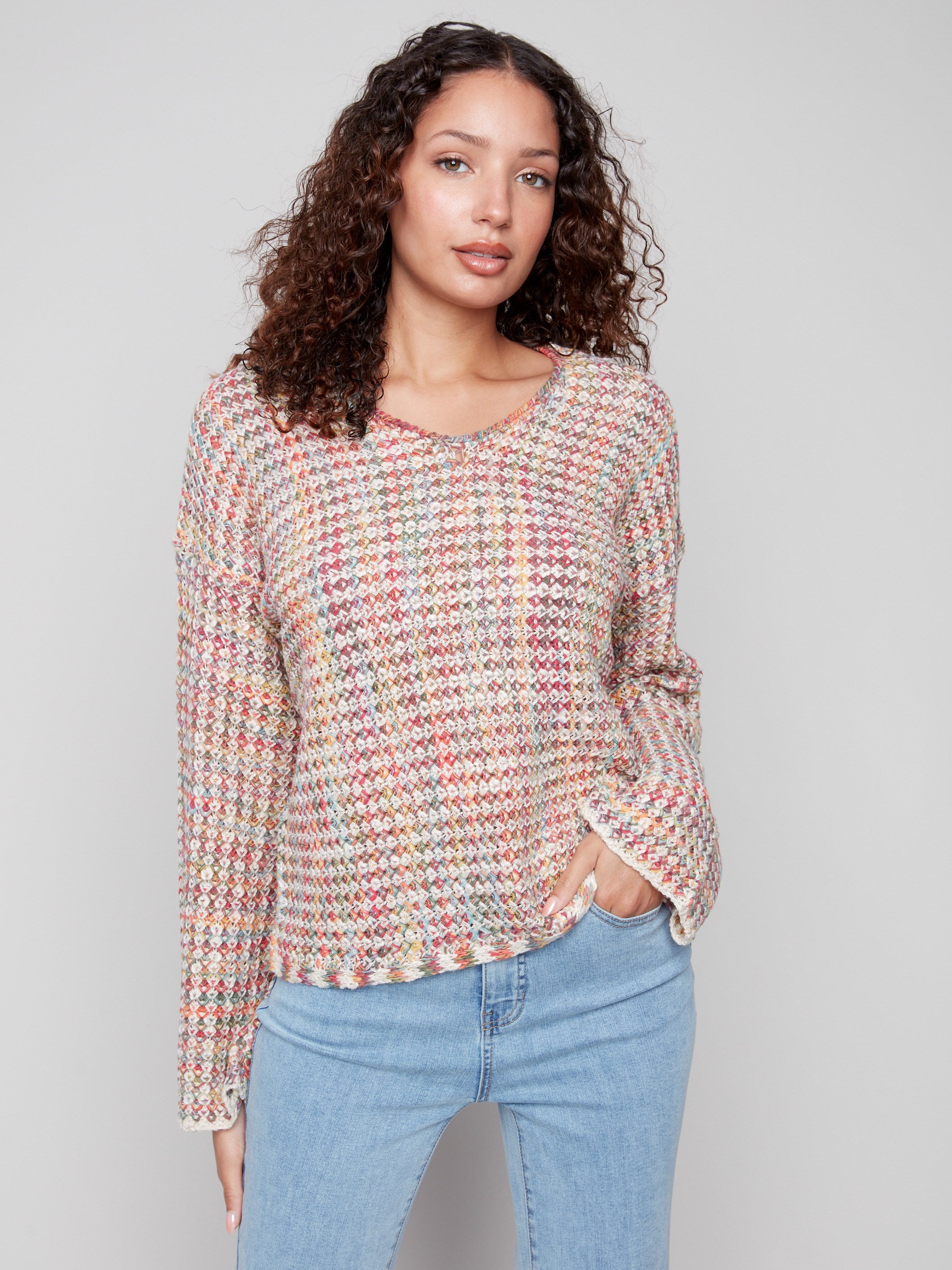 Multicolor crochet sweater featuring a stylish V-neckline crafted from novelty yarn by Charlie B.