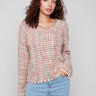 Multicolor crochet sweater featuring a stylish V-neckline crafted from novelty yarn by Charlie B.