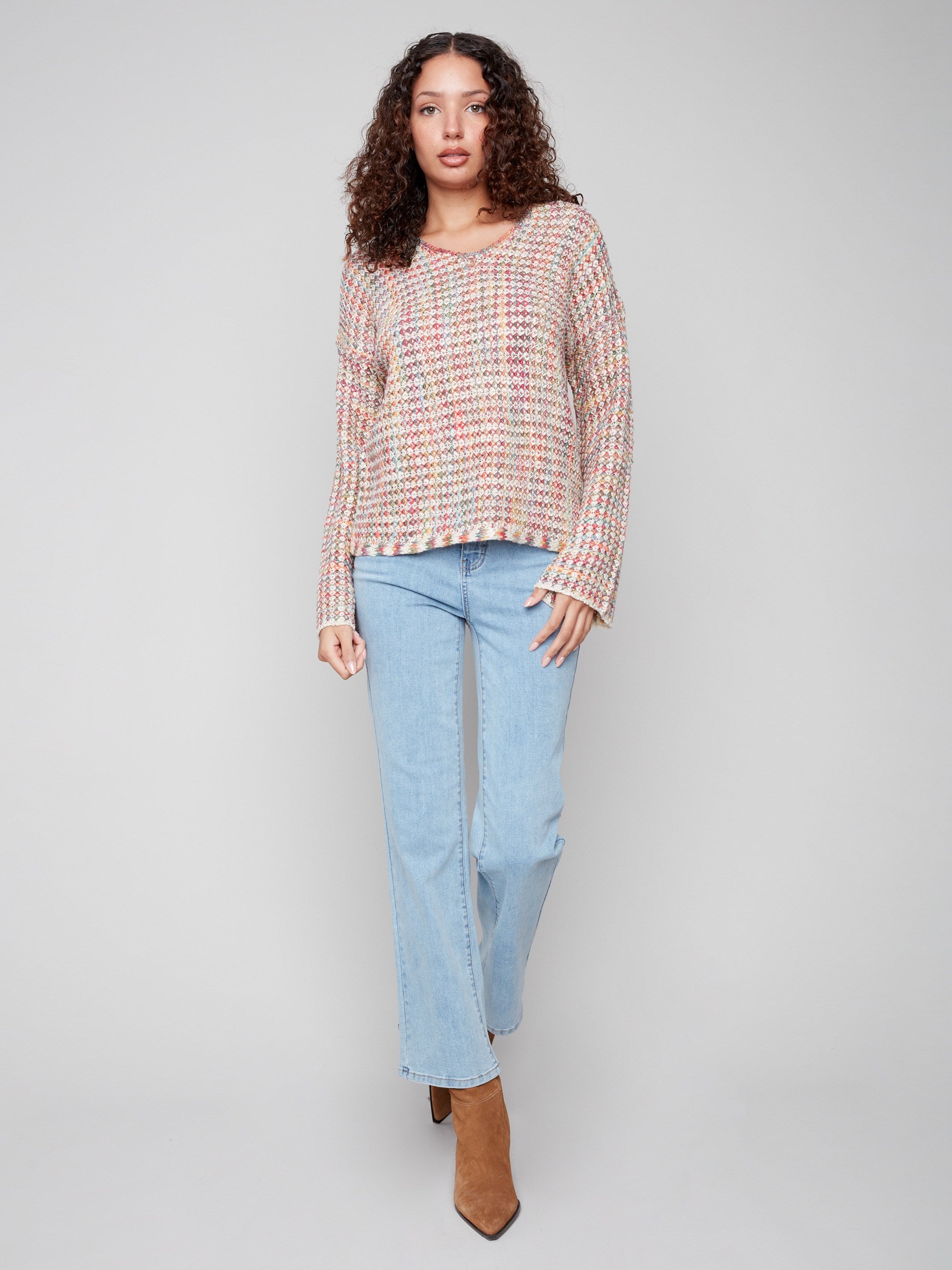 Elegant multicolor crochet sweater with long sleeves made from novelty yarn by Charlie B.