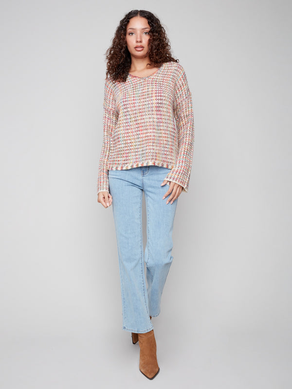 Elegant multicolor crochet sweater with long sleeves made from novelty yarn by Charlie B.