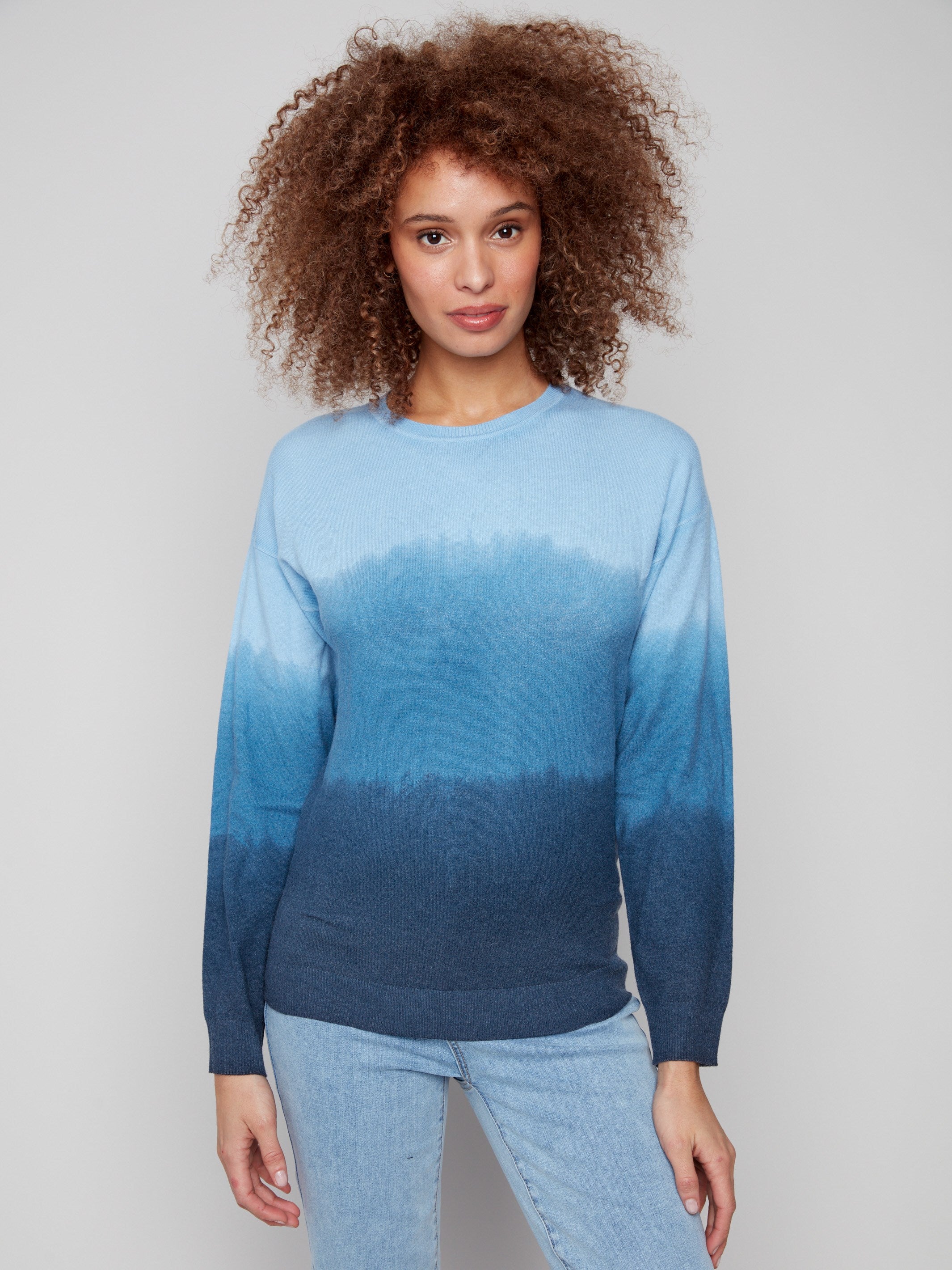 Blue ombre sweater with a classic crew neck, showcasing a smooth gradient pattern and knit cuffs by Charlie B.