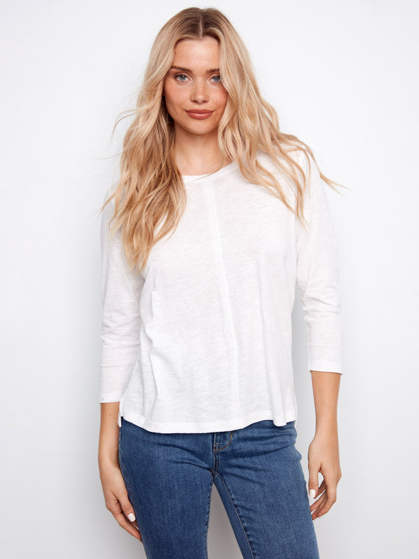 White top with 3/4 sleeves and a stylish front seam detail, crafted from organic cotton, by Charlie B.
