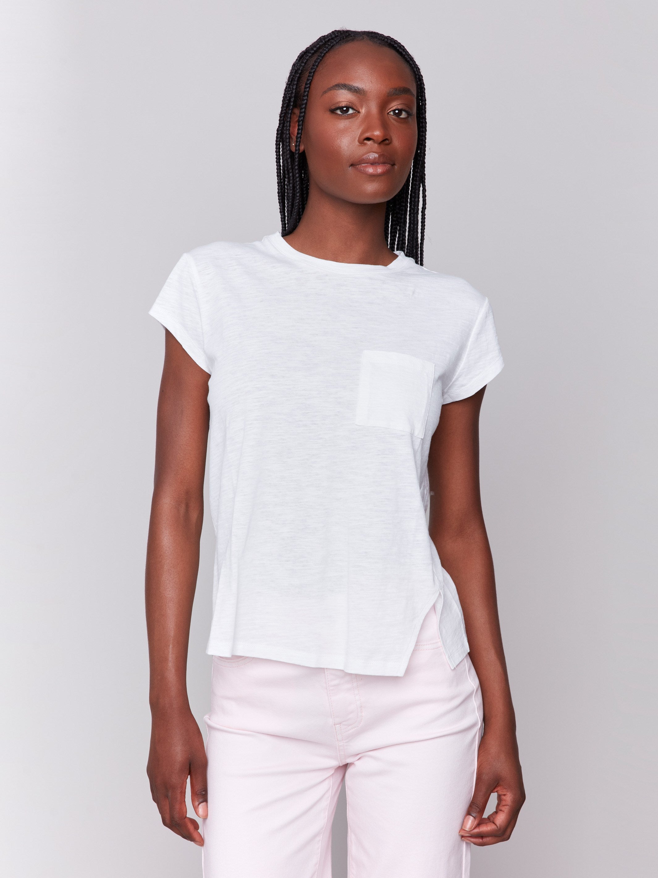 White tee with crew neckline and cap sleeves by Charlie B.