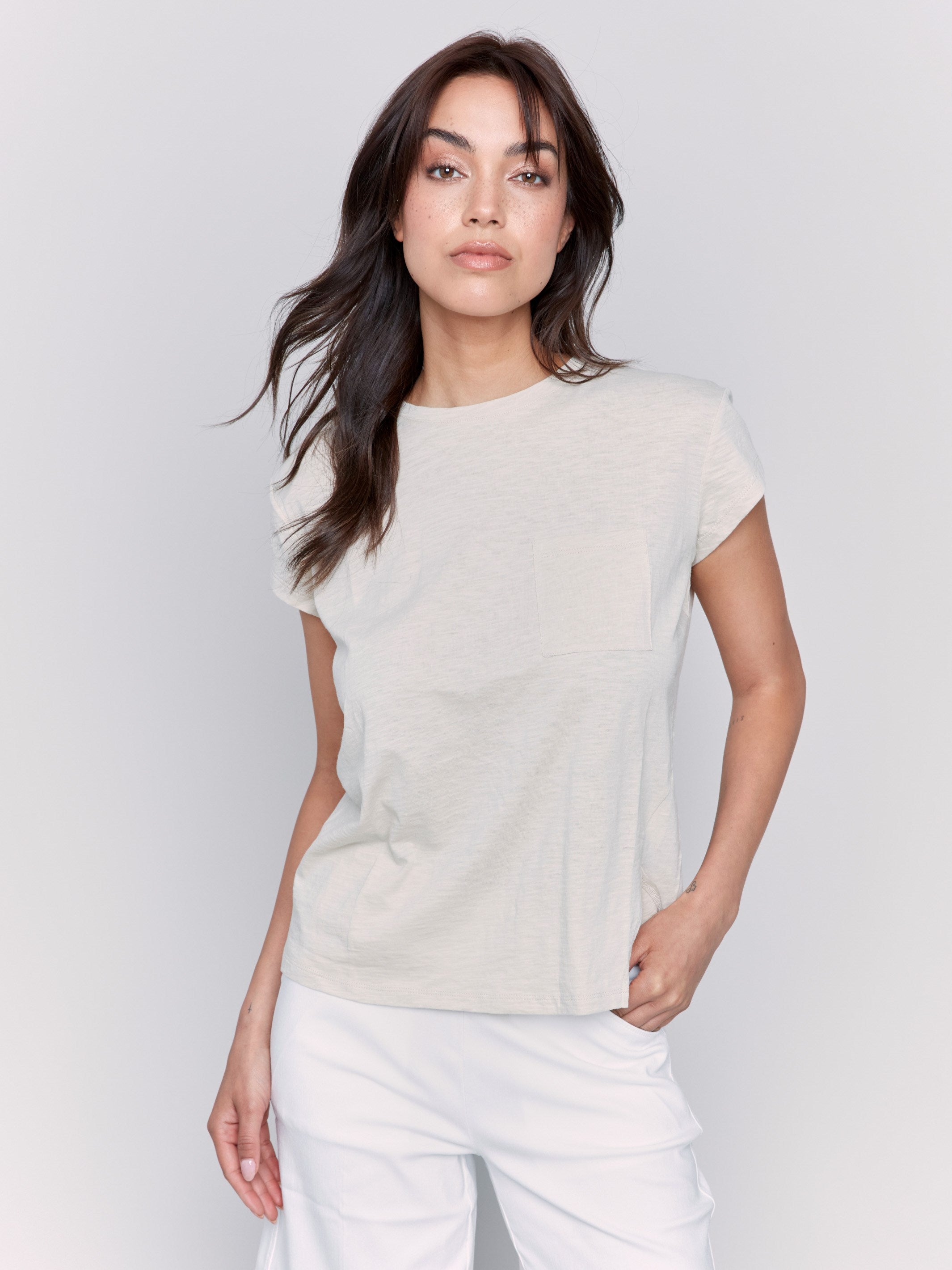 Sand-colored tee with a crew neckline, perfect for casual outings by Charlie B.