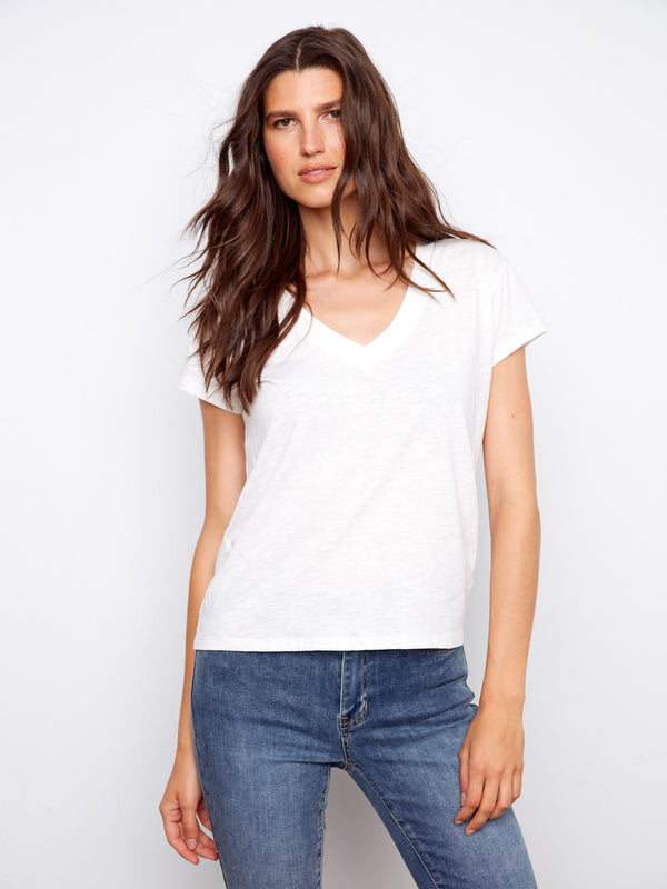 White V-neck T-shirt featuring a lightweight cotton fabric, perfect for casual wear by Charlie B.