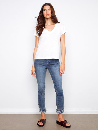 Classic drop shoulder design on this white V-neck tee, ideal for everyday comfort by Charlie B.