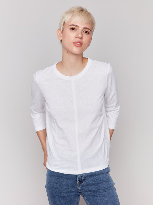 White 3/4 sleeve top with front seam detail by Charlie B.