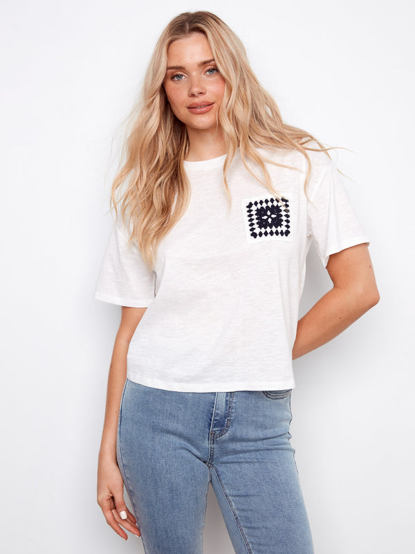 Organic Cotton T-Shirt With Crochet Pocket - White