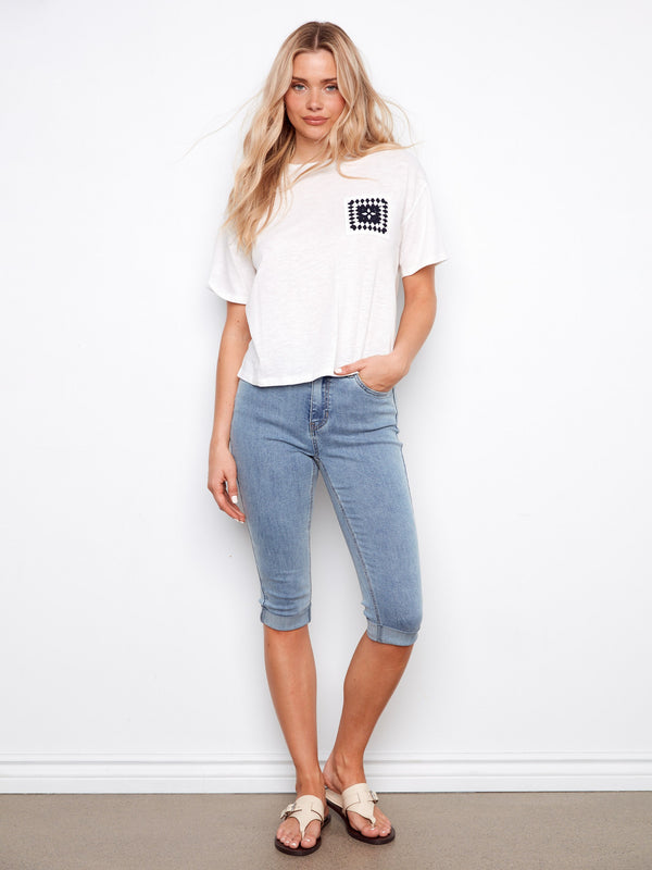 Organic Cotton T-Shirt With Crochet Pocket - White