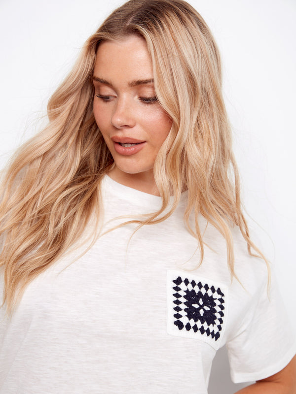 Organic Cotton T-Shirt With Crochet Pocket - White