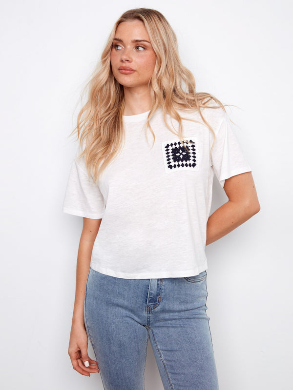 Organic Cotton T-Shirt With Crochet Pocket - White