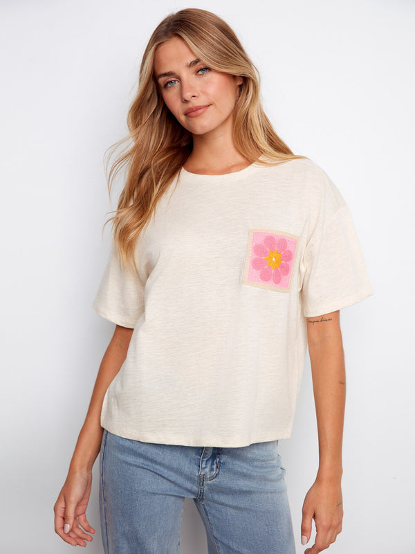 Organic Cotton T-Shirt With Crochet Pocket - Heather Fog