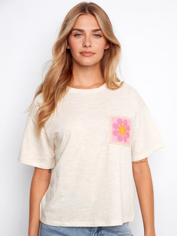 Organic Cotton T-Shirt With Crochet Pocket - Heather Fog