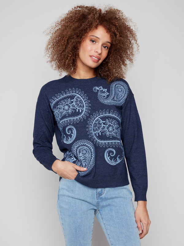 Heather denim sweater with ribbed cuffs and paisley design, perfect for a cozy look by Charlie B.