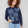 Heather denim sweater with ribbed cuffs and paisley design, perfect for a cozy look by Charlie B.