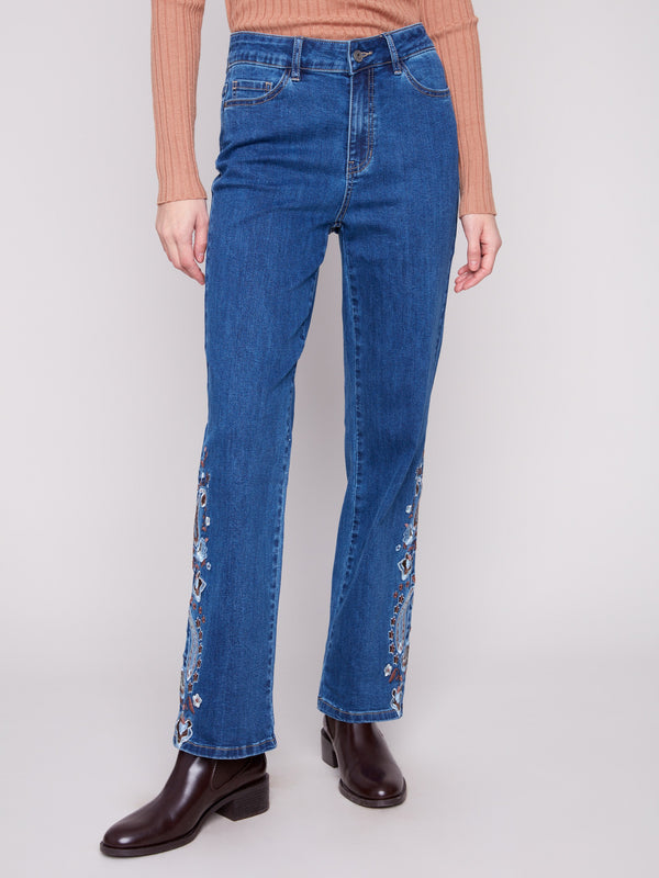 Indigo jeans with paisley embroidery, straight leg, and regular rise by Charlie B.