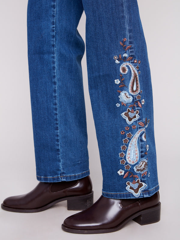 Indigo jeans with paisley embroidery, straight leg, and regular rise by Charlie B.