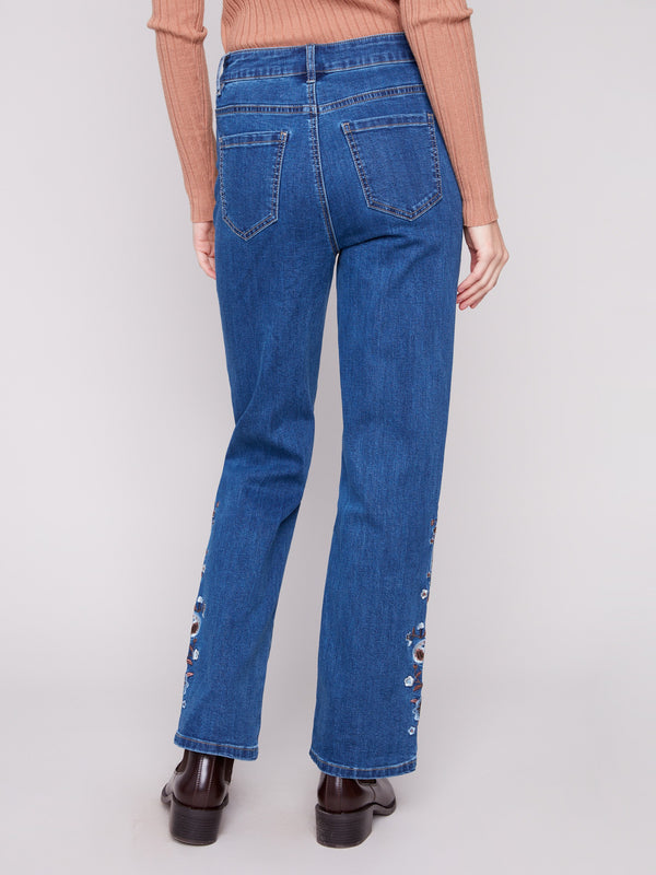 Indigo jeans with paisley embroidery, straight leg, and regular rise by Charlie B.