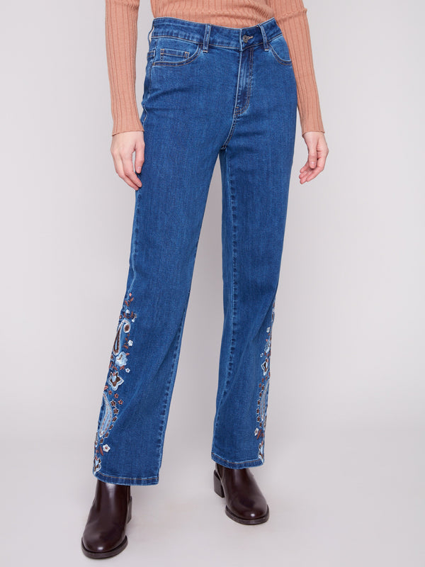 Indigo jeans with paisley embroidery, straight leg, and regular rise by Charlie B.