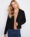 Black cardigan showcasing raglan sleeves and a chic V-neck, complete with convenient patch pockets by Charlie B.