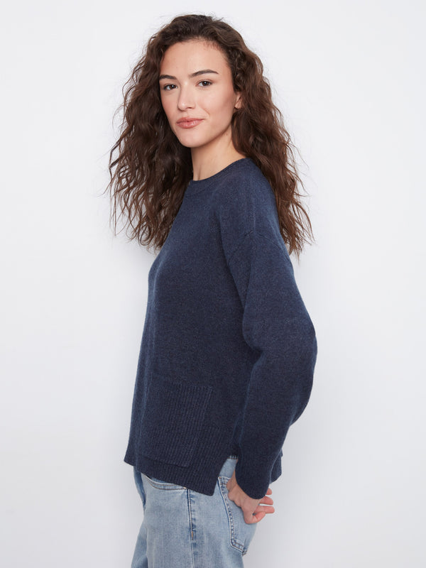 Chandail à col rond avec poches plaquées - Denim Chiné