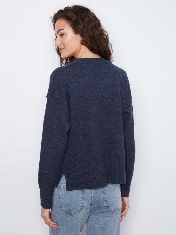 Chandail à col rond avec poches plaquées - Denim Chiné