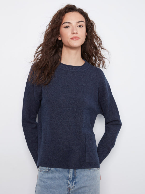Chandail à col rond avec poches plaquées - Denim Chiné