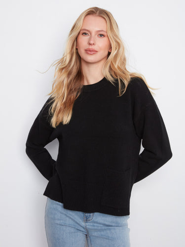Classic black long-sleeve sweater with an eye-catching patch pocket detail by Charlie B.