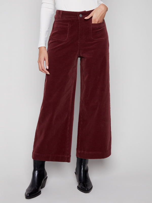 These cropped length cabernet corduroy pants add a modern twist to any outfit with their unique design by Charlie B.