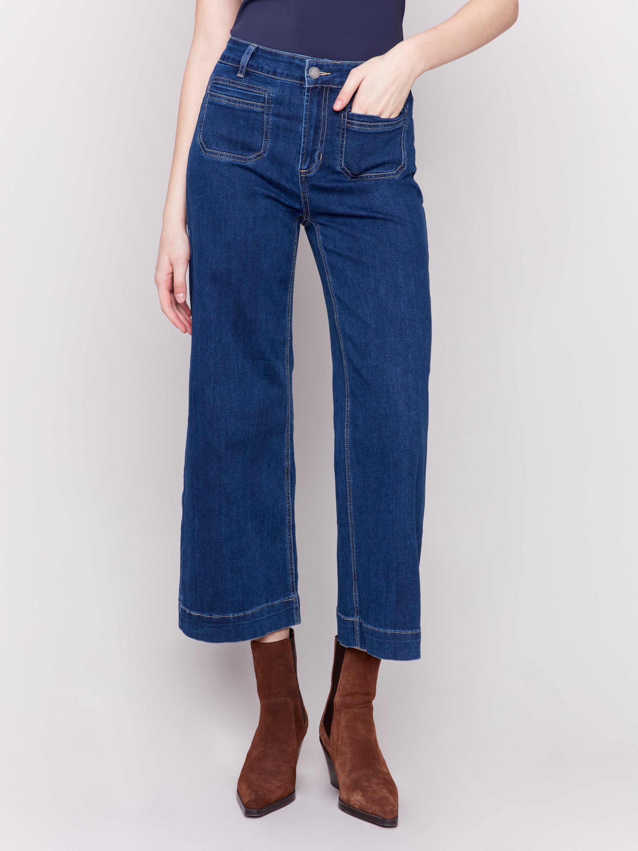 Stretch Denim Crop Flare Patch Pocket-Indigo main image 0