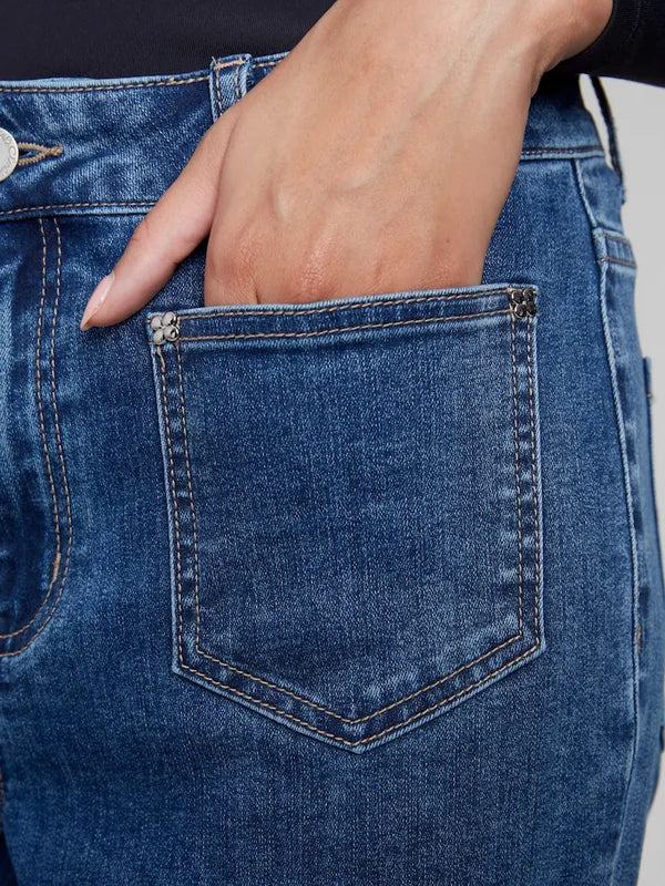 Jeans évasés à poches plaquées avec rivets - Bleu Moyen