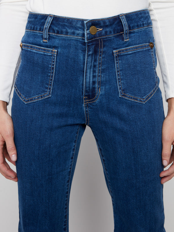 Patch Pocket Flare Jeans With Rivets - Indigo