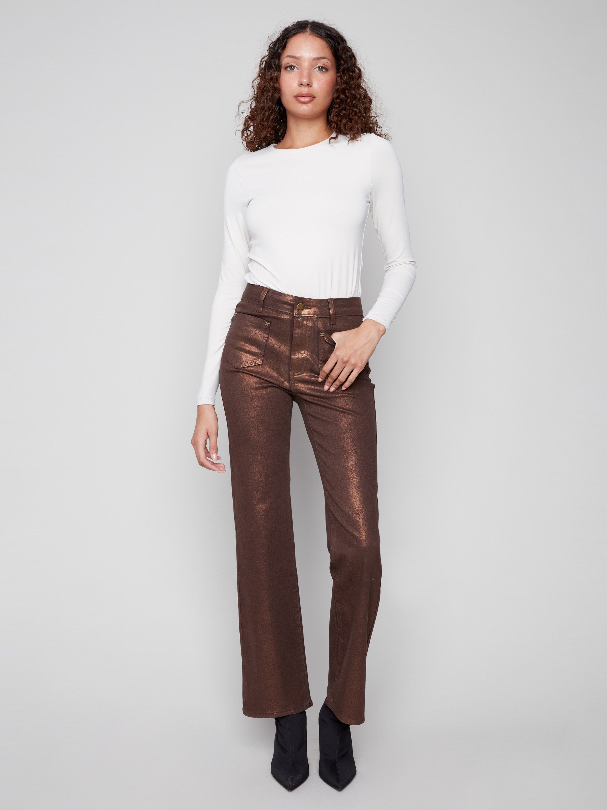 Bronze metallic twill pants featuring a regular rise and stylish patch pockets for a chic look by Charlie B.