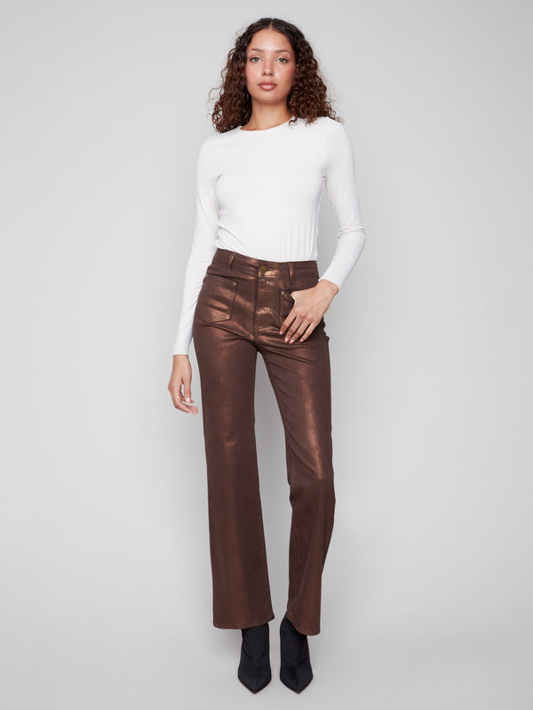 Bronze metallic twill pants featuring a regular rise and stylish patch pockets for a chic look by Charlie B.
